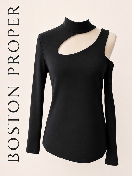 Boston Proper Tops - BOSTON PROPER Black Mock Neck Cutout Long Sleeve Top